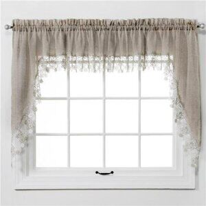 Lillian Linen Window Swag Curtains Set Macrame Trim Lace Rod Pocket 56x38